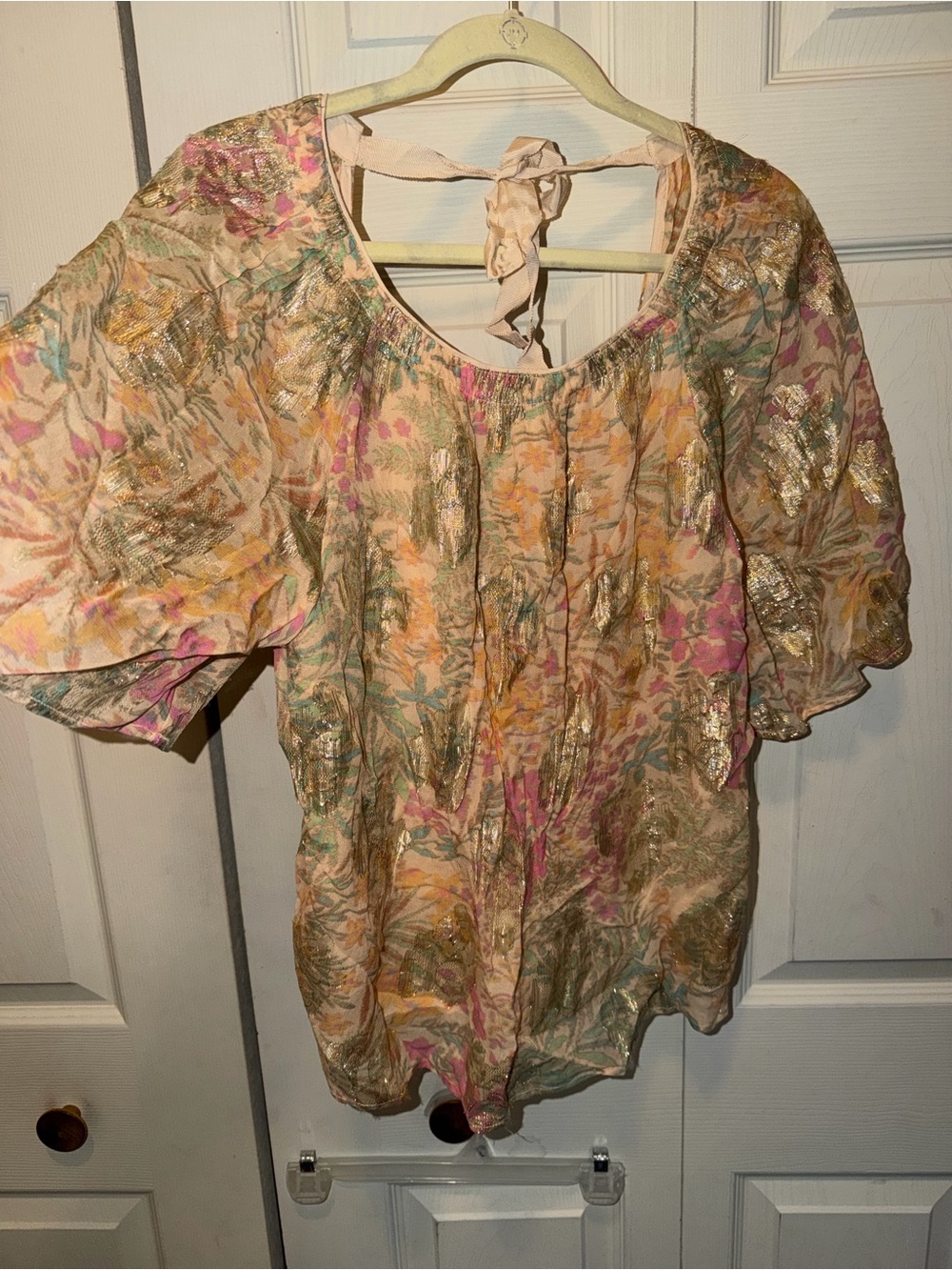 Floral Metallic Accent Peasant Blouse - Pink/gold